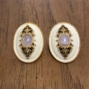 Anne Klein Cream Enamel Rose Quartz Earrings.